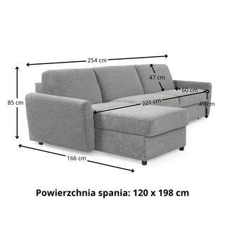 Narożnik DOLLY z funkcją spania codziennego stelaż włoski z materacem 120 cm i pojemnikiem na pościel prawostronny