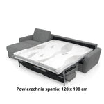 DOLLY corner sofa with daily sleeping function, Italian frame, 120 cm mattress and left-sided bedding container
