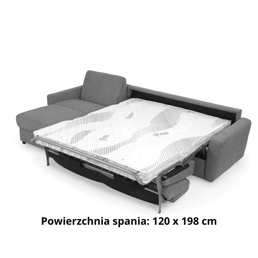 DOLLY corner sofa with daily sleeping function, Italian frame, 120 cm mattress and left-sided bedding container