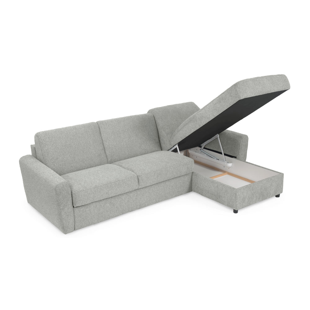 Narożnik DOLLY z funkcją spania codziennego stelaż włoski z materacem 140 cm i pojemnikiem na pościel prawostronny