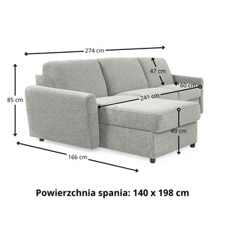 Narożnik DOLLY z funkcją spania codziennego stelaż włoski z materacem 140 cm i pojemnikiem na pościel lewostronny