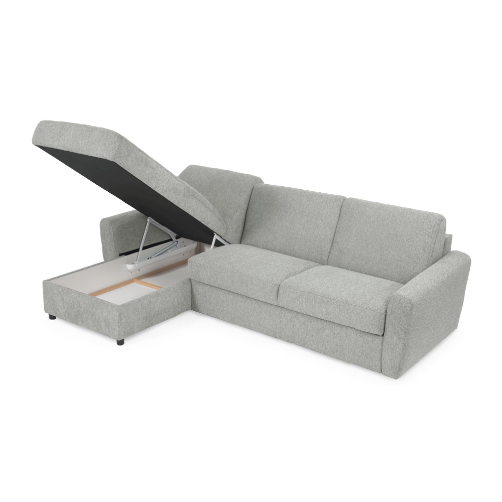 Narożnik DOLLY z funkcją spania codziennego stelaż włoski z materacem 140 cm i pojemnikiem na pościel lewostronny