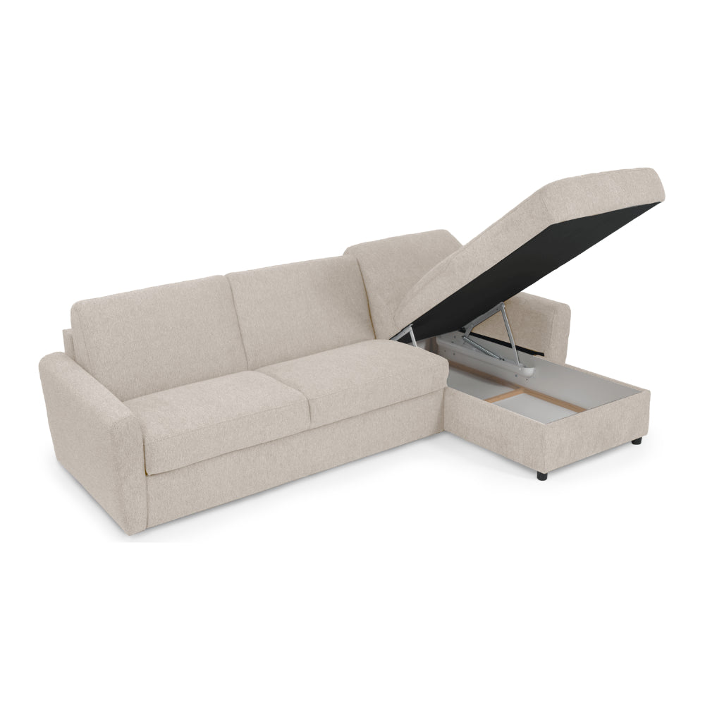 Narożnik DOLLY z funkcją spania codziennego stelaż włoski z materacem 160 cm i pojemnikiem na pościel prawostronny