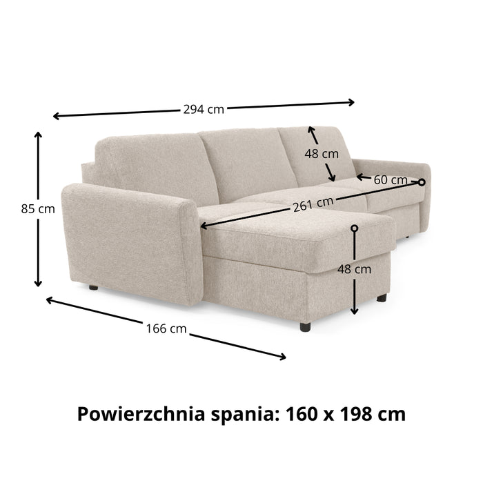 Narożnik DOLLY z funkcją spania codziennego stelaż włoski z materacem 160 cm i pojemnikiem na pościel prawostronny