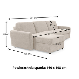 Narożnik DOLLY z funkcją spania codziennego stelaż włoski z materacem 160 cm i pojemnikiem na pościel prawostronny