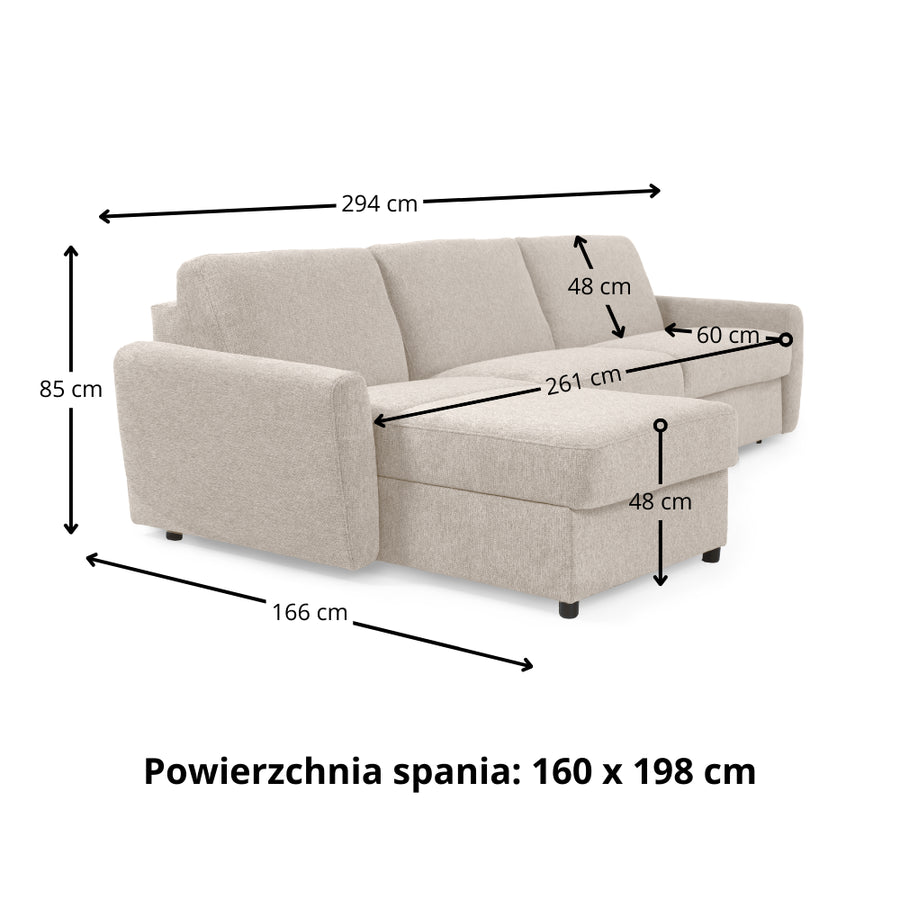 Narożnik DOLLY z funkcją spania codziennego stelaż włoski z materacem 160 cm i pojemnikiem na pościel prawostronny