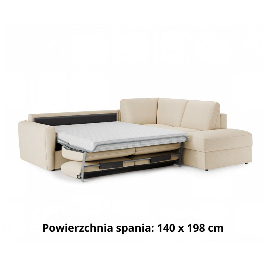 DOLLY corner sofa with ottoman, daily sleeping function, Italian frame with a 140 cm mattress and a bedding container