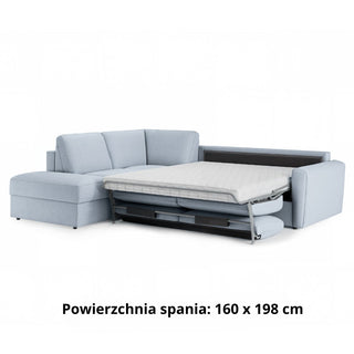 Narożnik DOLLY z otomaną funkcja spania codziennego stelaż włoski z materacem 160 cm i pojemnikiem na pościel