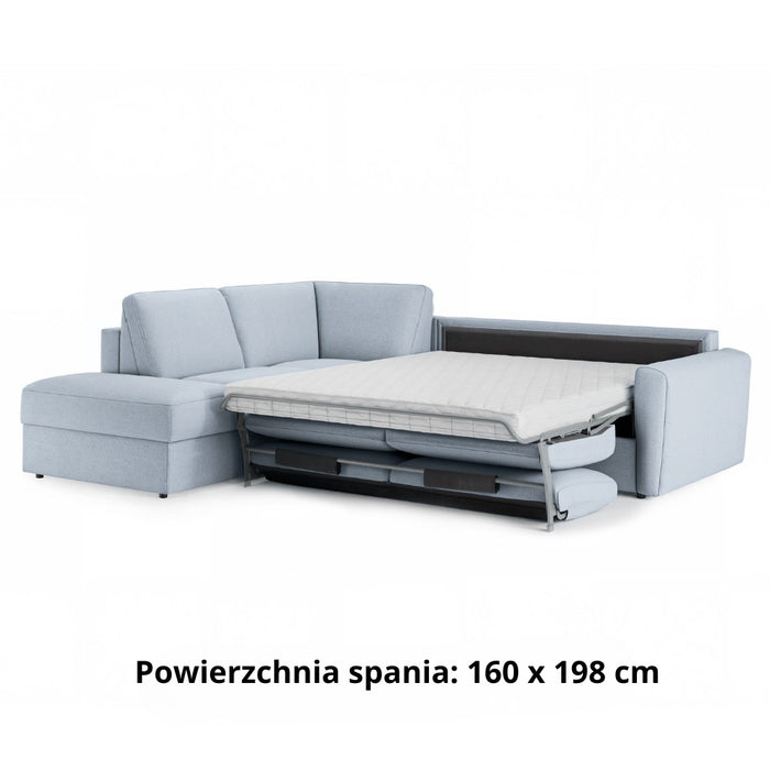 Narożnik DOLLY z otomaną funkcja spania codziennego stelaż włoski z materacem 160 cm i pojemnikiem na pościel