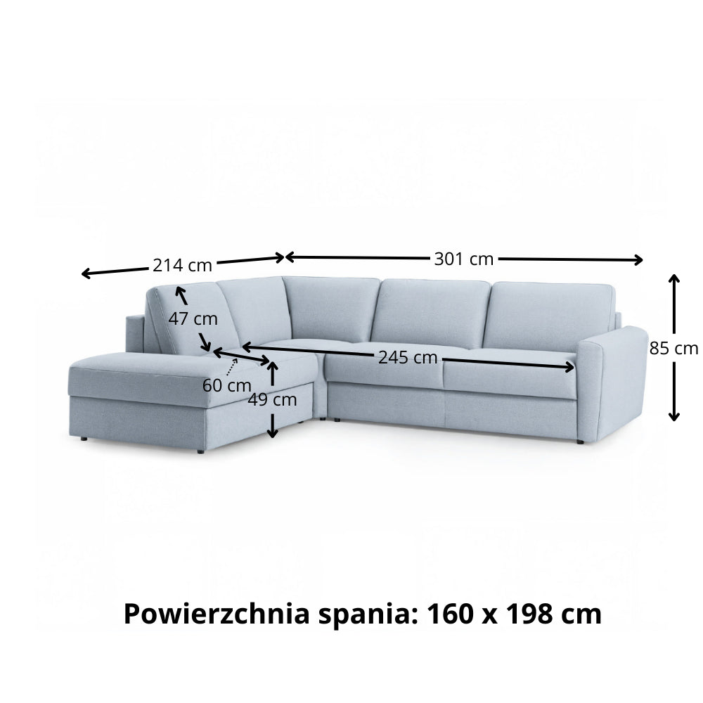 Narożnik DOLLY z otomaną funkcja spania codziennego stelaż włoski z materacem 160 cm i pojemnikiem na pościel