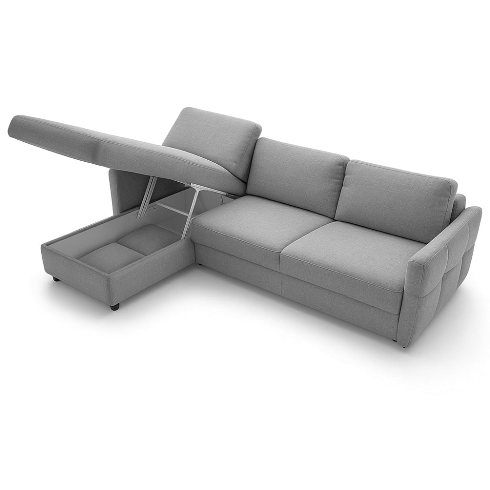 Narożnik EMA z funkcją spania codziennego stelaż włoski z materacem 140 cm i pojemnikiem na pościel