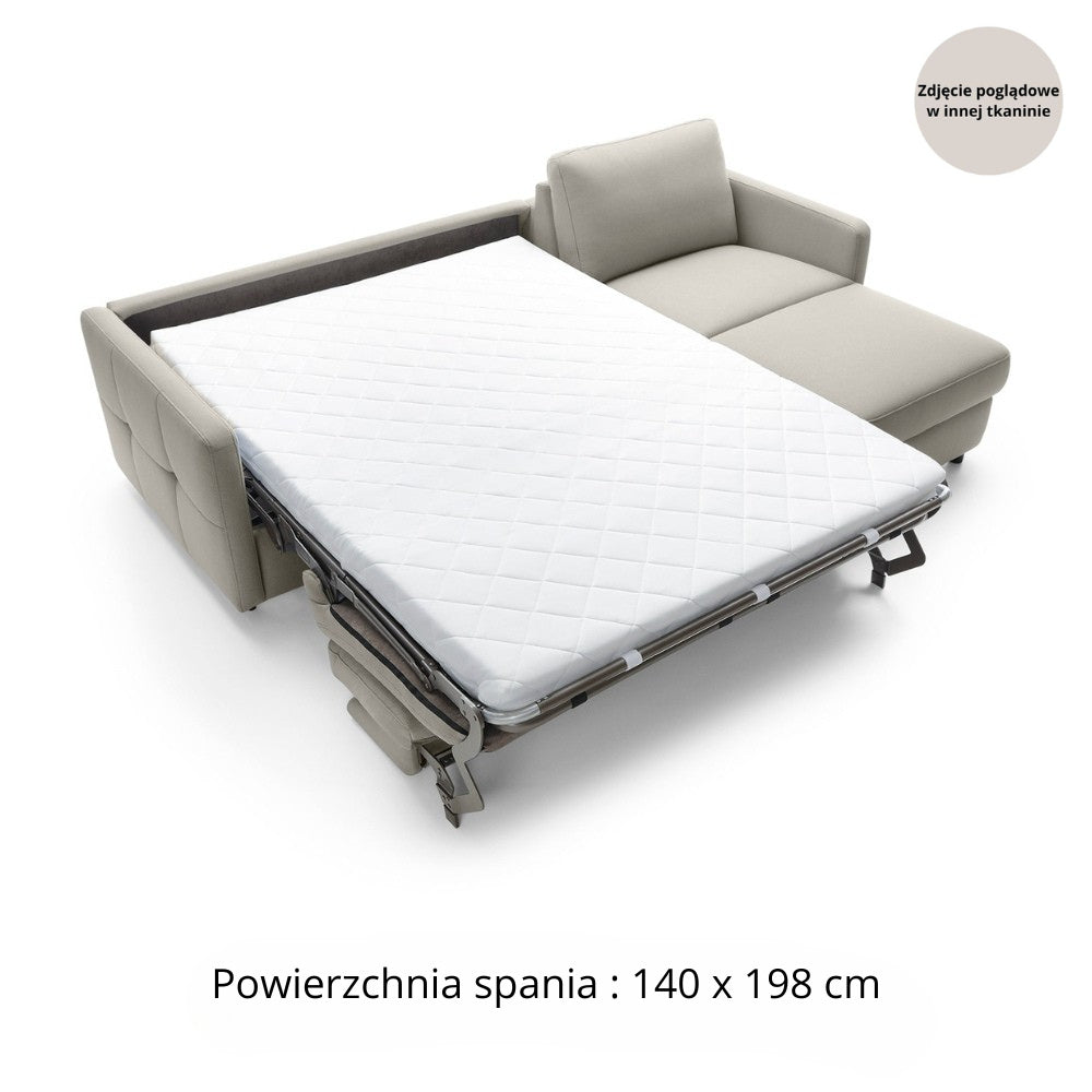 Narożnik EMA z funkcją spania codziennego stelaż włoski z materacem 140 cm i pojemnikiem na pościel
