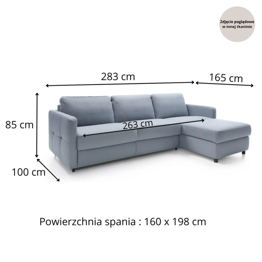 Narożnik EMA z funkcją spania codziennego stelaż włoski PRO z materacem 160cm i pojemnikiem na pościel