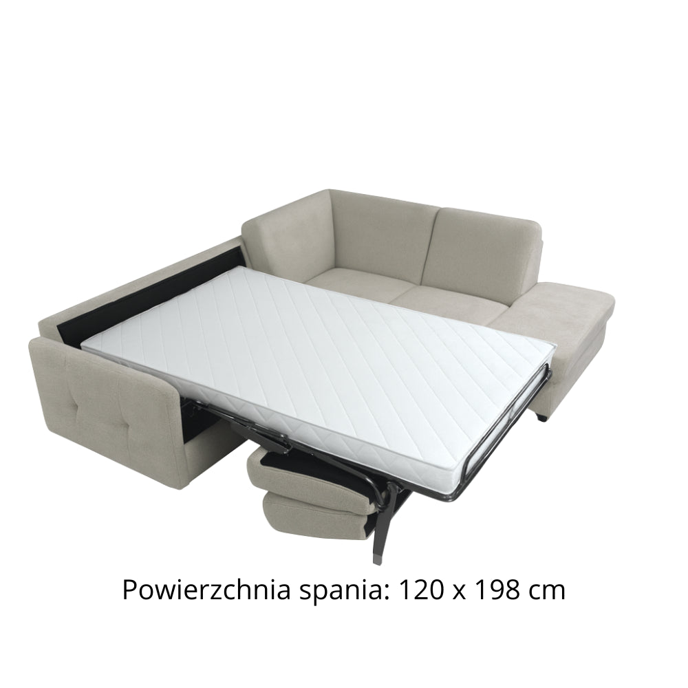 Narożnik EMA z otomaną rozkładany stelaż włoski z materacem 120 cm i pojemnikiem na pościel