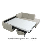 Narożnik EMA z otomaną rozkładany stelaż włoski z materacem 120 cm i pojemnikiem na pościel