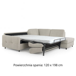 Narożnik EMA z otomaną rozkładany stelaż włoski z materacem 120 cm i pojemnikiem na pościel