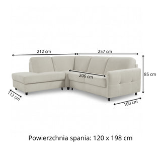 Narożnik EMA z otomaną rozkładany stelaż włoski z materacem 120 cm i pojemnikiem na pościel