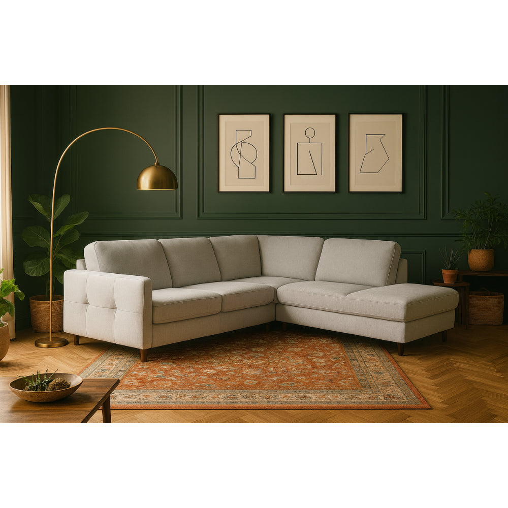 Narożnik EMA z otomaną rozkładany stelaż włoski z materacem 120 cm i pojemnikiem na pościel