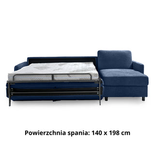 Narożnik EMA z funkcją spania codziennego stelaż włoski z materacem 140 cm i pojemnikiem na pościel