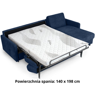 Narożnik EMA z funkcją spania codziennego stelaż włoski z materacem 140 cm i pojemnikiem na pościel