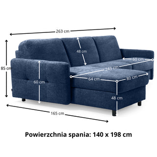 Narożnik EMA z funkcją spania codziennego stelaż włoski z materacem 140 cm i pojemnikiem na pościel