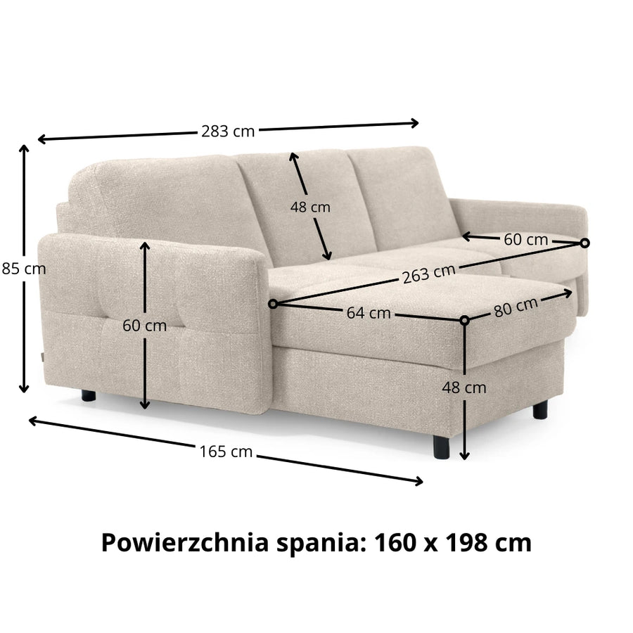 Narożnik EMA z funkcją spania codziennego stelaż włoski z materacem 160 cm i pojemnikiem na pościel