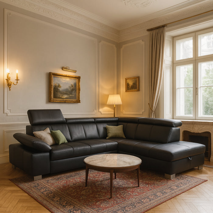 Narożnik HAPPY z otomaną i ruchomymi zagłówkami oraz podłokietnikiem