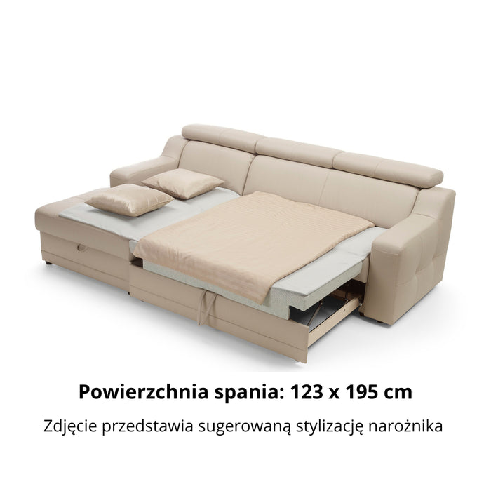 Narożnik LOTOS rozkładany z pojemnikiem na pościel i ruchomymi zagłówkami