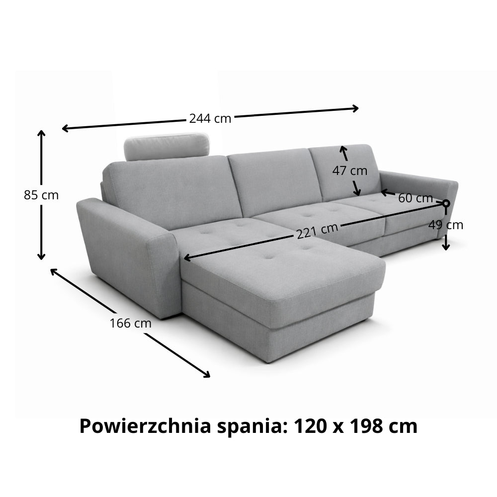 OLBIA sectional sofa bed with Italian PRO folding system, 120 cm mattress, built-in storage, and two adjustable headrests