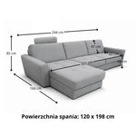 OLBIA sectional sofa bed with Italian PRO folding system, 120 cm mattress, built-in storage, and two adjustable headrests