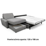 OLBIA sectional sofa bed with Italian PRO folding system, 120 cm mattress, built-in storage, and two adjustable headrests