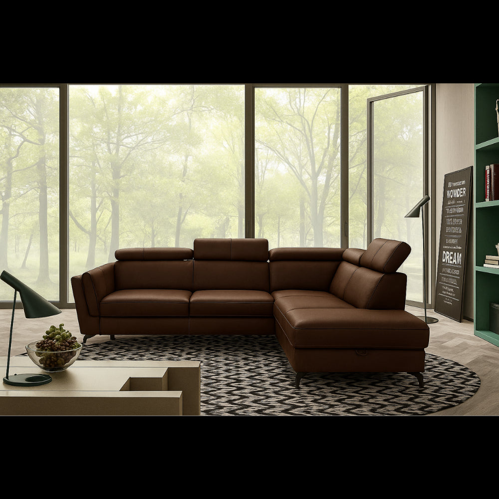 PIANO corner sofa with sleeping function, storage space and adjustable headrests