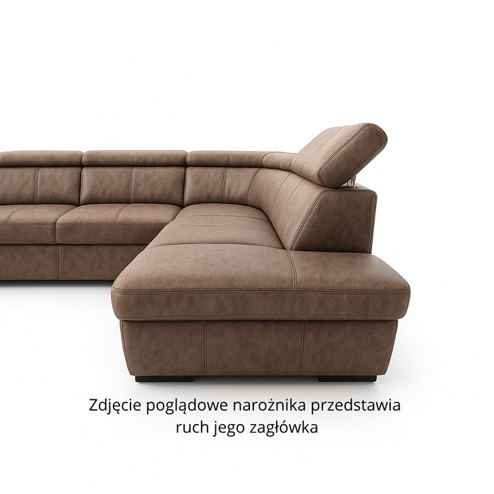 Narożnik SALERNO z otomaną i ruchomymi zagłówkami oraz podłokietnikiem