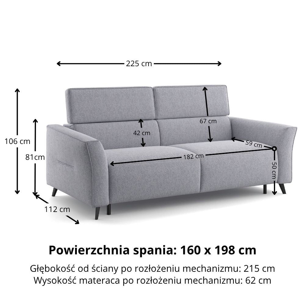 Sofa NOLA 3 osobowa z funkcją spania codziennego stelaż włoski z materacem 160 cm