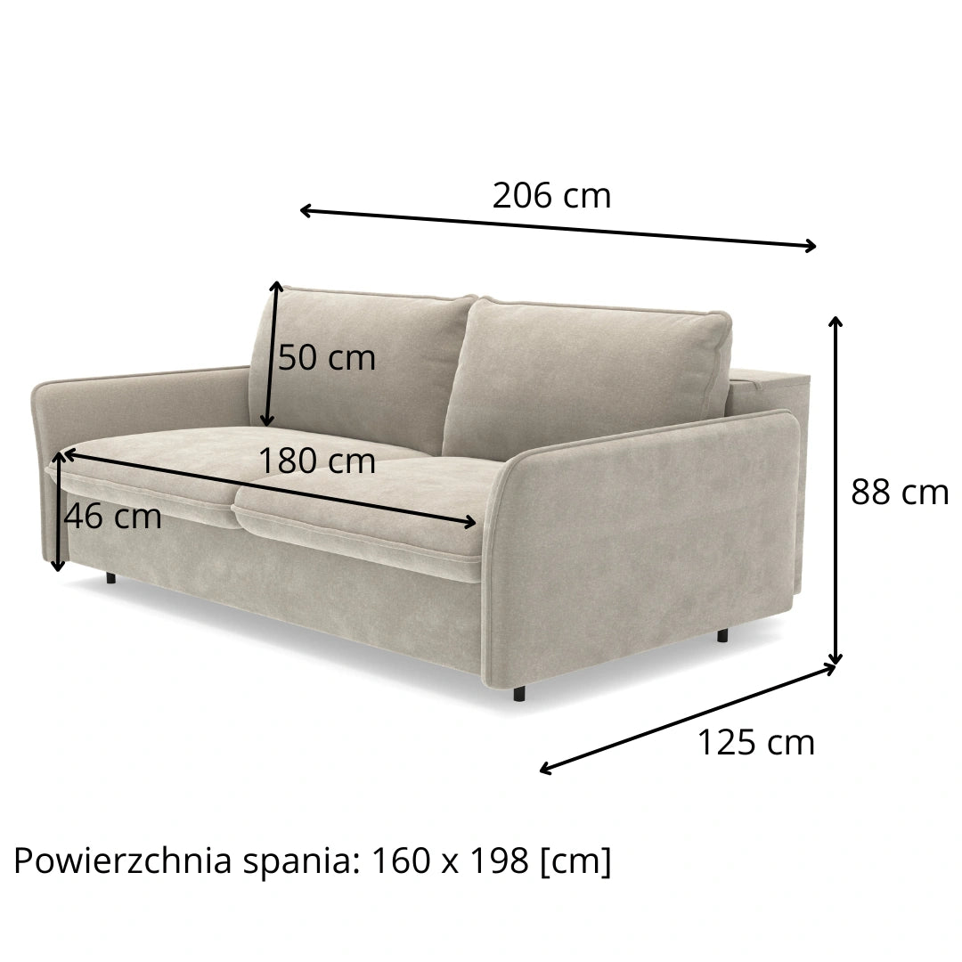 Sofa NUNO 3 osobowa z funkcją spania codziennego stelaż włoski z materacem 160 cm i pojemnikiem