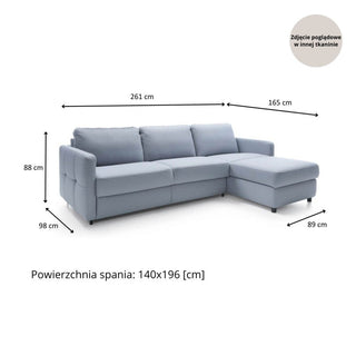Narożnik EMA z funkcją spania codziennego stelaż włoski z materacem 140 cm i pojemnikiem na pościel