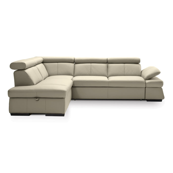 MALPENSA leather corner sofa, extendable with a container and movable headrests + free pouffe