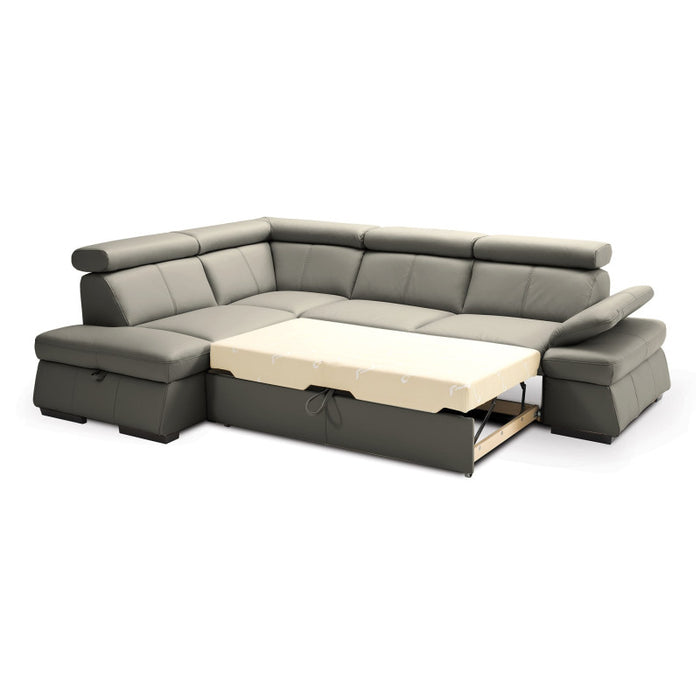 MALPENSA leather corner sofa, extendable with a container and movable headrests + free pouffe