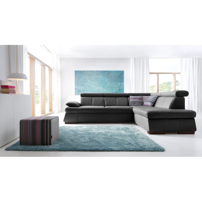 MALPENSA leather corner sofa, extendable with a container and movable headrests + free pouffe