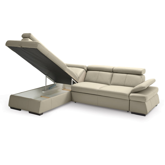 MALPENSA leather corner sofa, extendable with a container and movable headrests + free pouffe