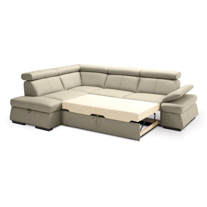 MALPENSA leather corner sofa, extendable with a container and movable headrests + free pouffe