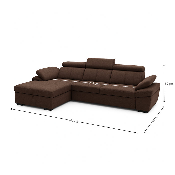 Narożnik SALERNO rozkładany z pojemnikiem i ruchomymi zagłówkami