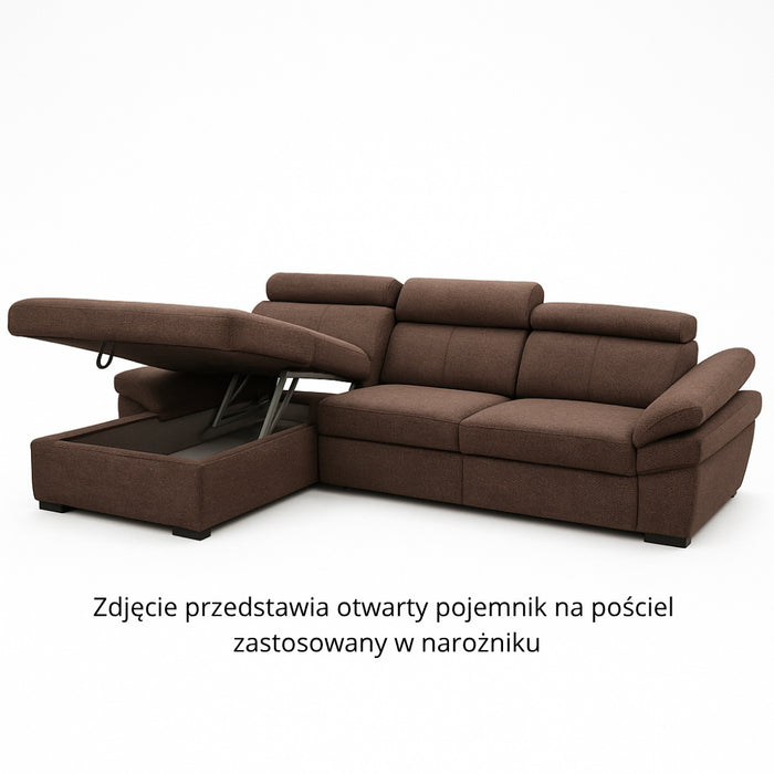 Narożnik SALERNO rozkładany z pojemnikiem i ruchomymi zagłówkami