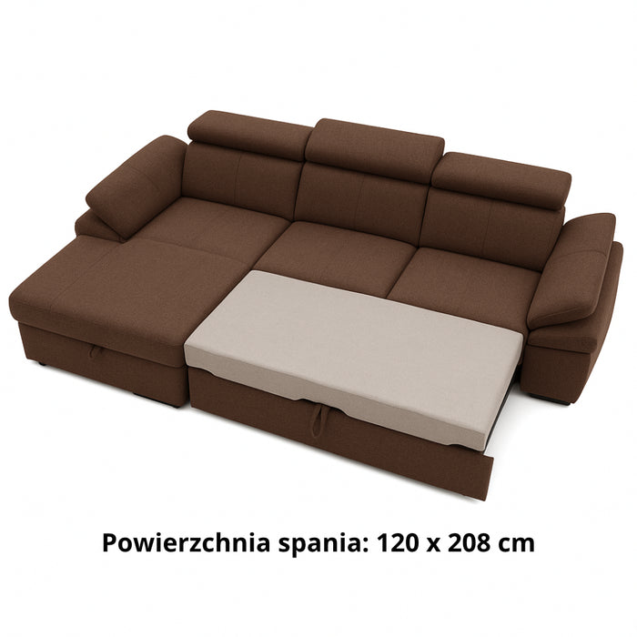 Narożnik SALERNO rozkładany z pojemnikiem i ruchomymi zagłówkami