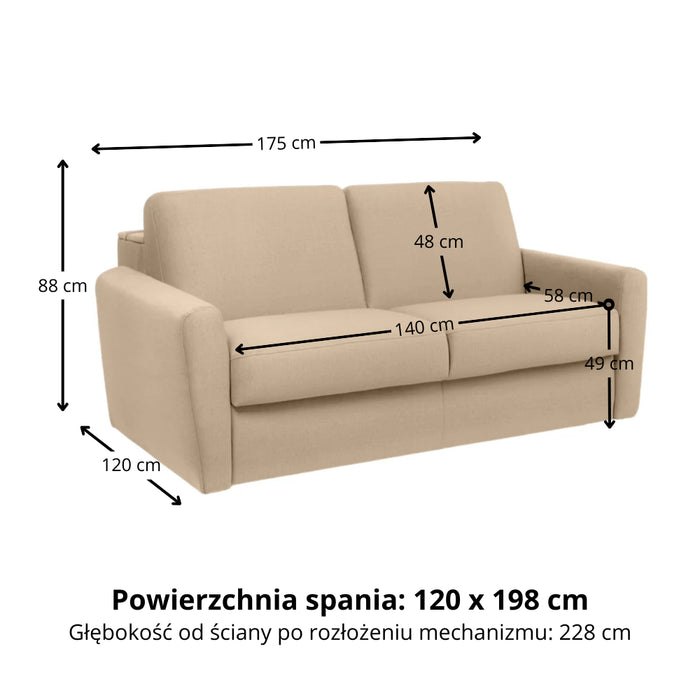 Sofa DOLLY 2 osobowa z funkcją spania stelaż włoski z materacem 120 cm i pojemnikiem