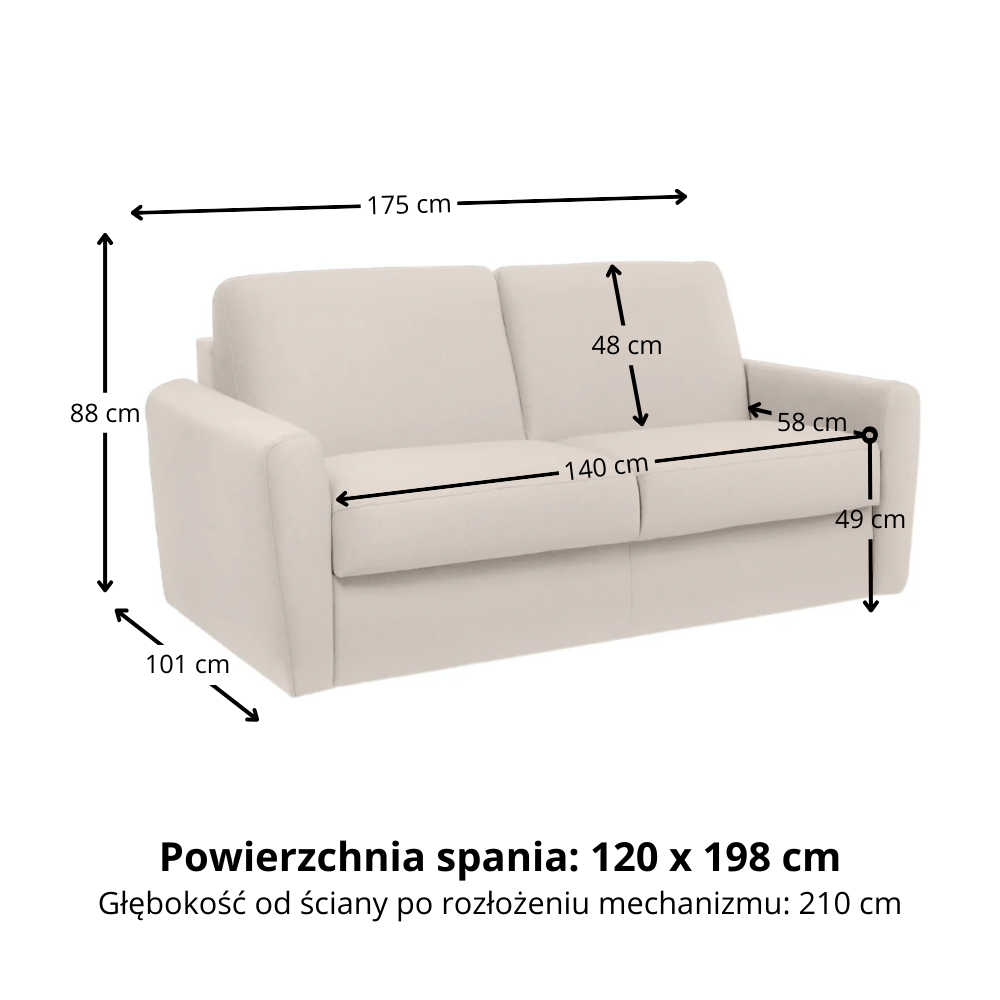 Sofa DOLLY 2 osobowa z funkcją spania stelaż włoski z materacem 120 cm