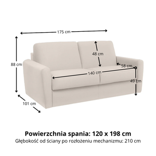 Sofa DOLLY 2 osobowa z funkcją spania stelaż włoski z materacem 120 cm