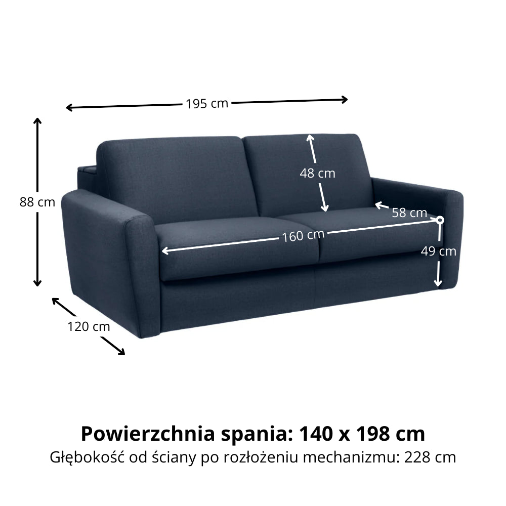Sofa DOLLY 2,5 osobowa z funkcją spania stelaż włoski z materacem 140 cm i pojemnikiem
