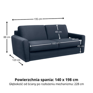 Sofa DOLLY 2,5 osobowa z funkcją spania stelaż włoski z materacem 140 cm i pojemnikiem
