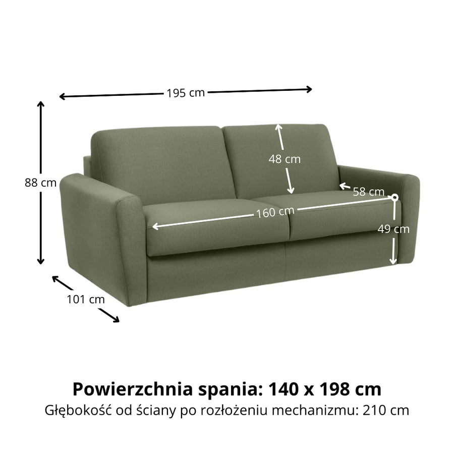 Sofa DOLLY 2,5 osobowa z funkcją spania stelaż włoski z materacem 140 cm
